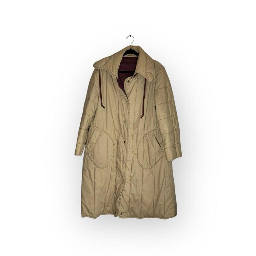Vintage 80s Grandma Burgundy Puffer Oversized Trench Coat Beige Large